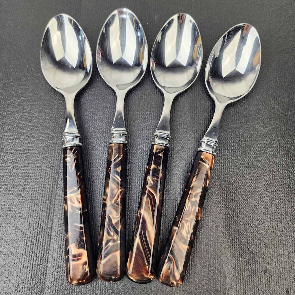 4 MIKASA Tortoise Handle Flatware Brown Acrylic Handle Soup /Tablespoons 8.5"